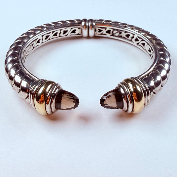 Scott Kay 18K Gold Smoky Quartz Hinged Cuff Sterling Silver 925 Waverly Bracelet - Picture 1 of 12